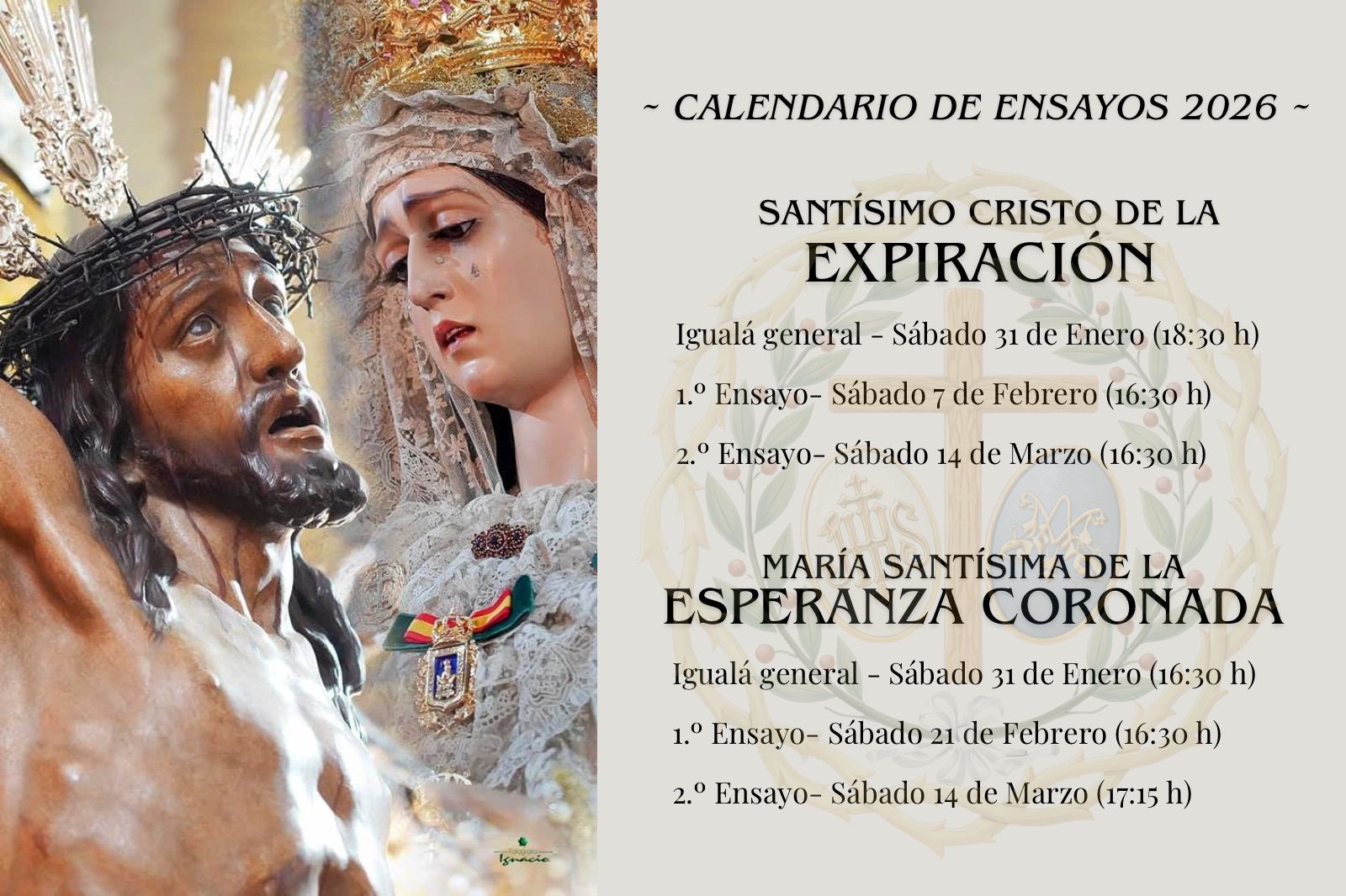 IGUALÁS Y CALENDARIO DE ENSAYO DE LA CUADRILLA DE COSTALEROS DE NUESTRA HERMANDAD